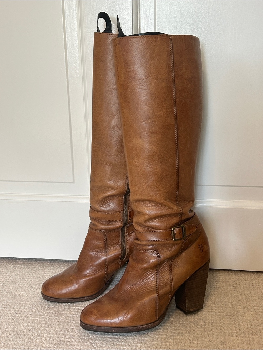 Frye Tall Flat-Top Brown Leather High-Heel Riding Boots